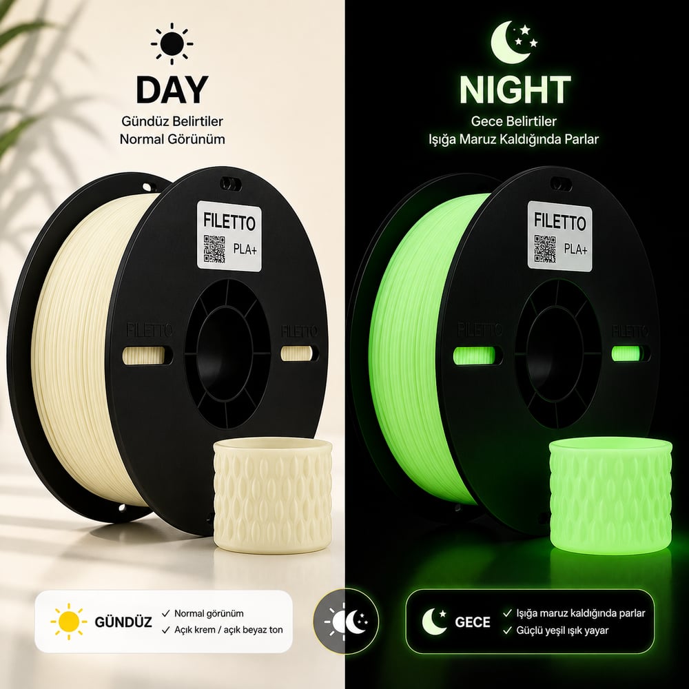 Filetto PLA+ 3D Filament Glow Yeşil – 1.75mm – 1KG – AMS Uyumlu