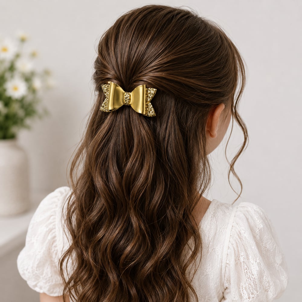 Glitter Detaylı Fiyonk Saç Tokası 2li Set 6x3 cm Gold Simli
