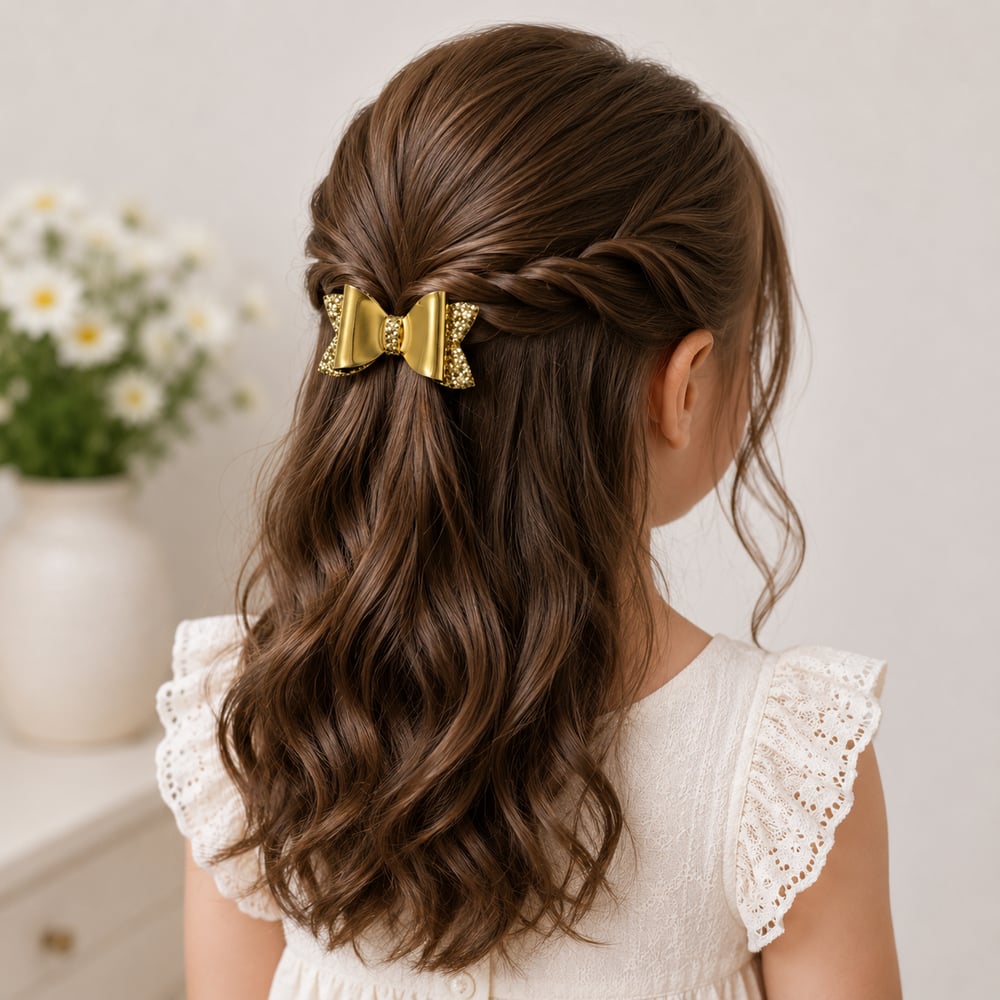 Glitter Detaylı Fiyonk Saç Tokası 2li Set 6x3 cm Gold Simli