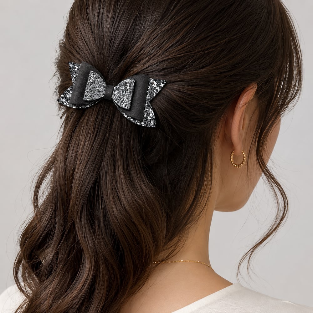 Glitter Detaylı Fiyonk Saç Tokası 9x5 cm Gri