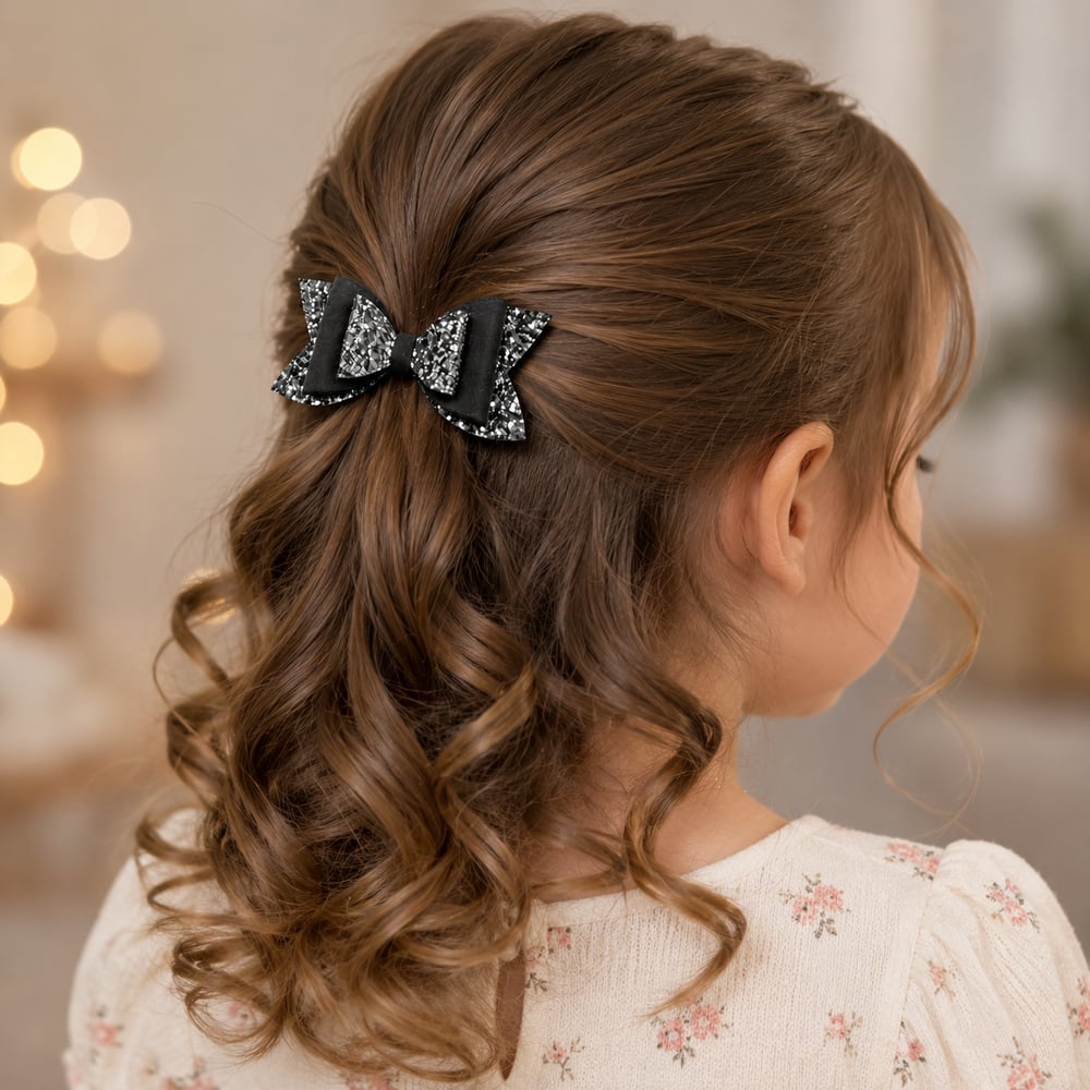 Glitter Detaylı Fiyonk Saç Tokası 9x5 cm Gri