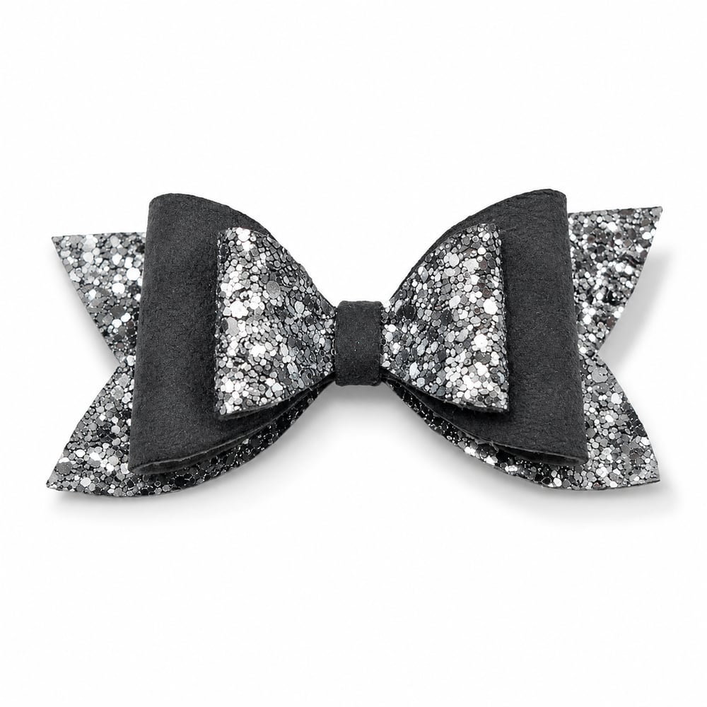 Glitter Detaylı Fiyonk Saç Tokası 9x5 cm Gri