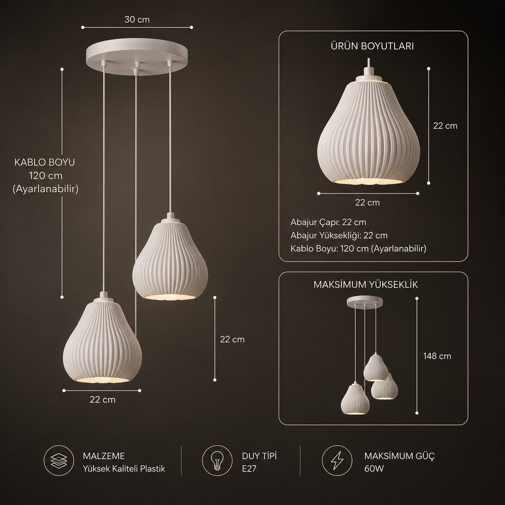 Lumi̇nera Salon Oturma Odasi Üçlü Sarkıt Avize – Salon Aydınlatması 70 CM