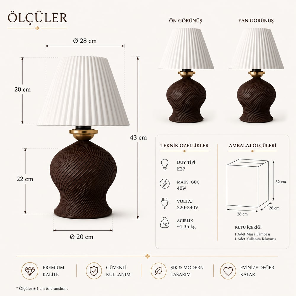 Luxury Tasarımlı Abajur – Yatak Odası ve Çocuk Odası İçin Dekoratif Aydınlatma 31x45 CM Alt Kahverengi
