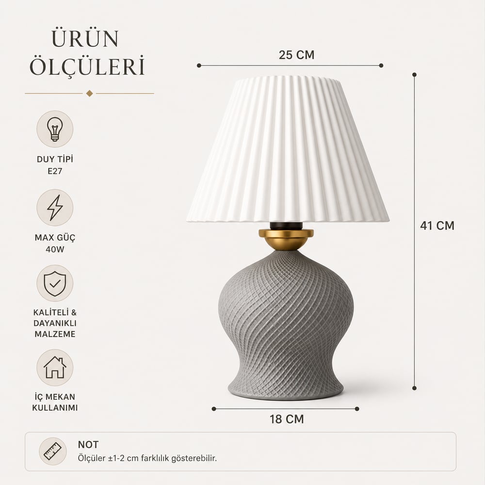 Luxury Tasarımlı Abajur – Yatak Odası ve Çocuk Odası İçin Dekoratif Aydınlatma 31x45 CM Alt Gri