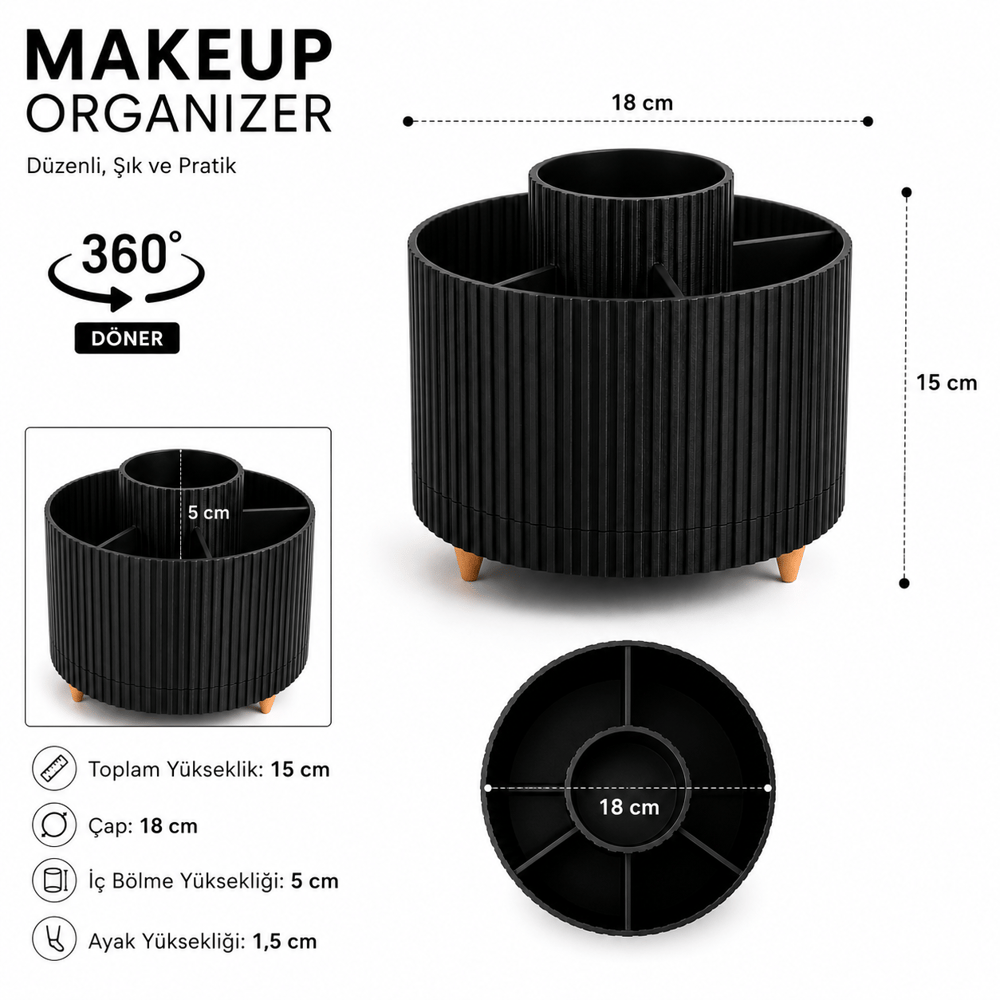 Masa Üstü Çok Amaçlı 360  Derece Dönen Organizer  – Dekoratif Ürün 20X20 CM Siyah