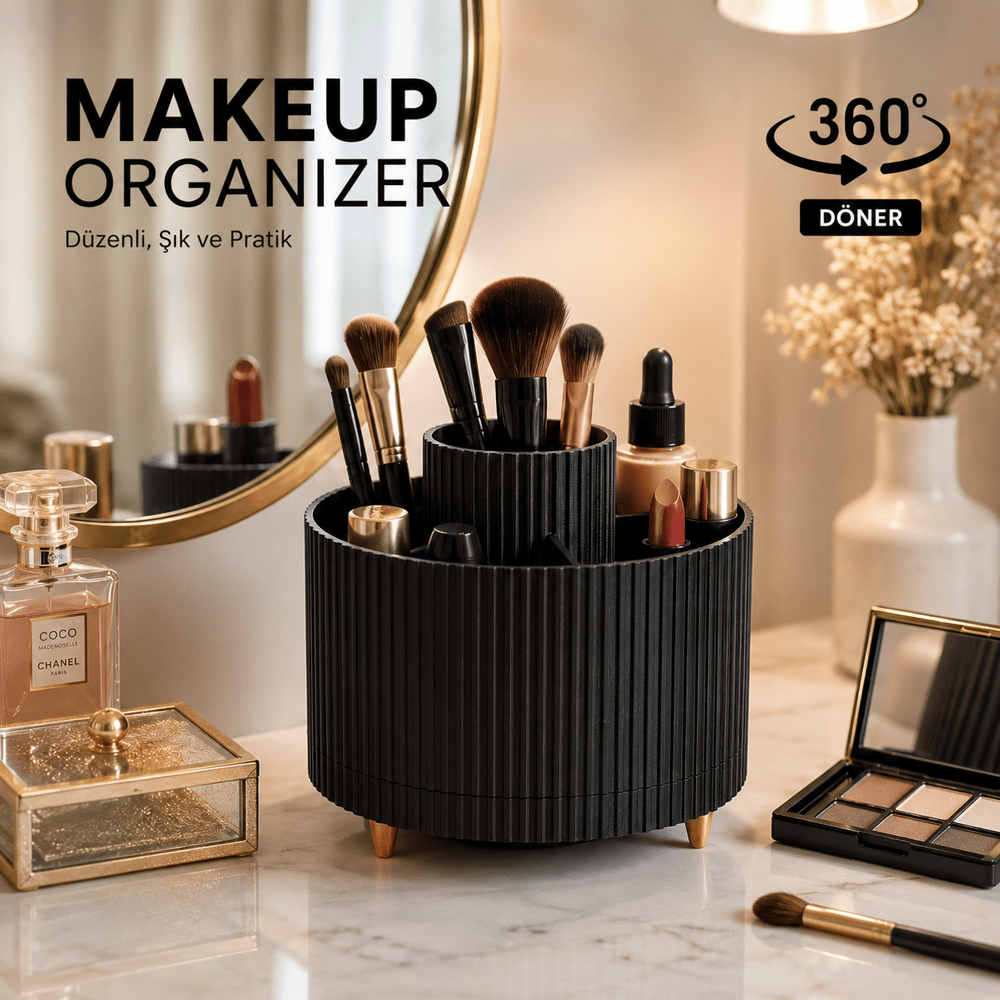 Masa Üstü Çok Amaçlı 360  Derece Dönen Organizer  – Dekoratif Ürün 20X20 CM Siyah
