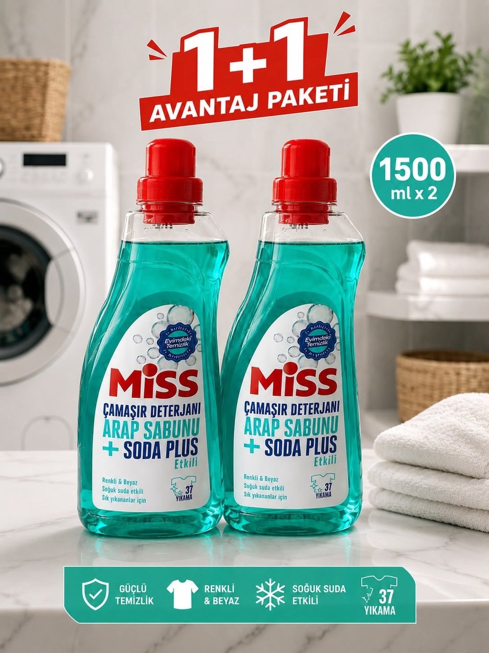 Miss Arap Sabunlu + Soda Plus Sıvı Çamaşır Deterjanı 1500 ml – 37 Yıkama 2li