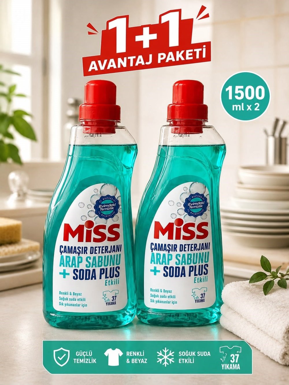 Miss Arap Sabunlu + Soda Plus Sıvı Çamaşır Deterjanı 1500 ml – 37 Yıkama 2li