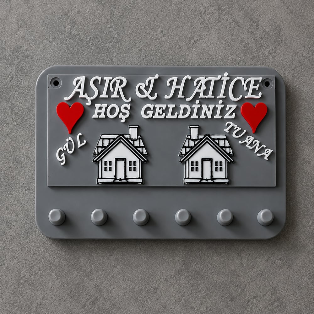 Premium Kişiye Özel Tasarlanabilir House Dekoratif Duvar Anahtarlık Askısı Gri