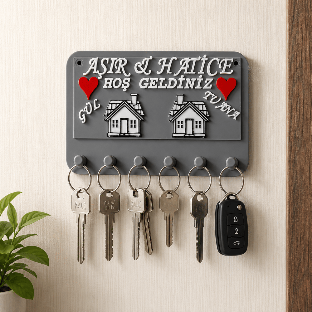 Premium Kişiye Özel Tasarlanabilir House Dekoratif Duvar Anahtarlık Askısı Gri