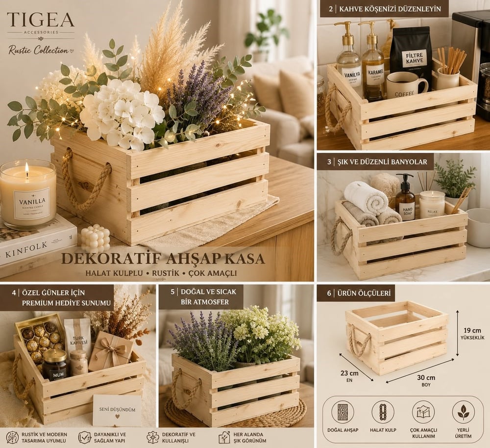 TIGEA Doğal Ahşap Halat Kulplu Dekoratif Kasa 30x23x19 cm Çok Amaçlı Organizer