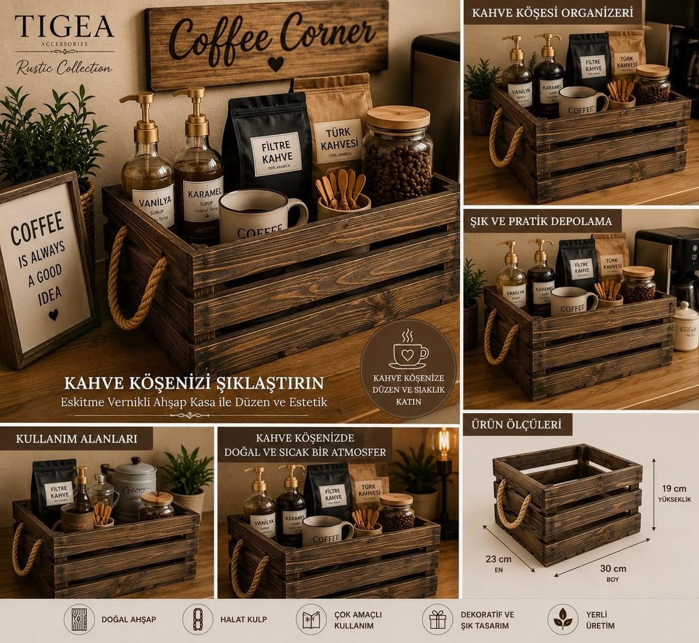 TIGEA Eskitme Vernikli Halat Kulplu Dekoratif Ahşap Kasa 30x23x19 cm Rustik Organizer