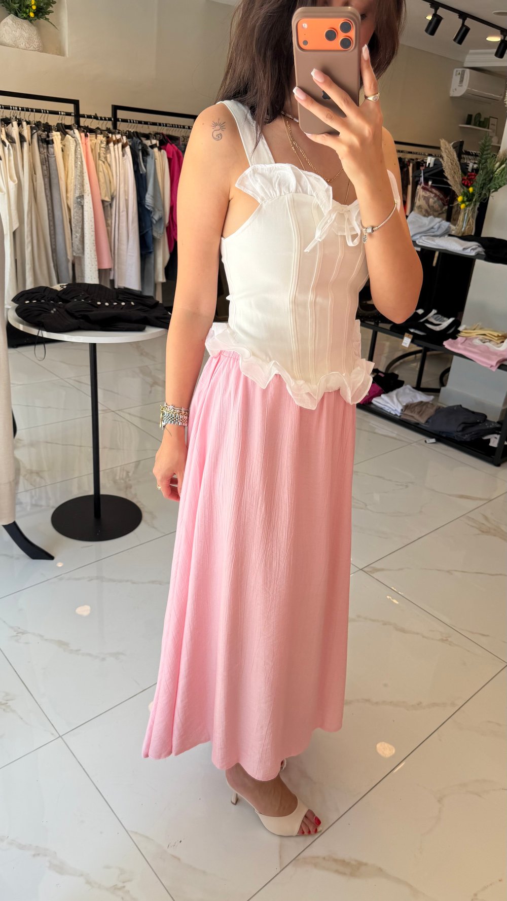 BELİ LASTİKLİ MİDİ ETEK PEMBE