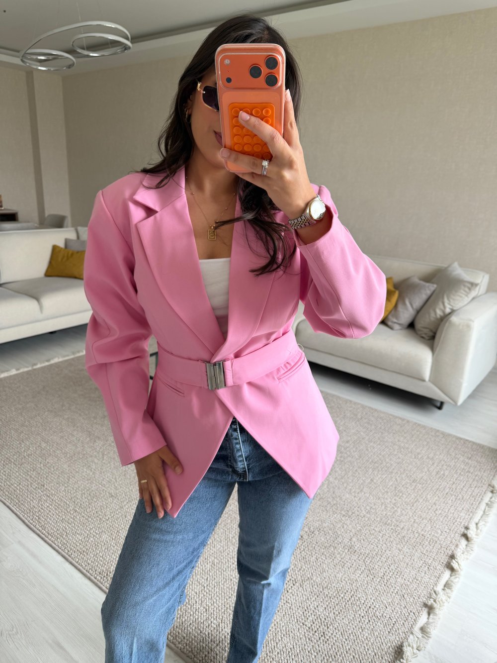 PEMBE KEMER DETAYLIN BLAZER 