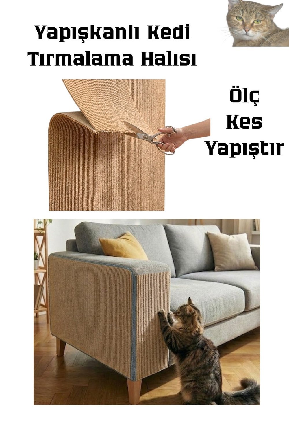 Yapışkanlı Kedi Tırmalama Halısı Koltuk ve Duvar Yapıştırma Tırmalama Halısı Renkli 100x30 cm