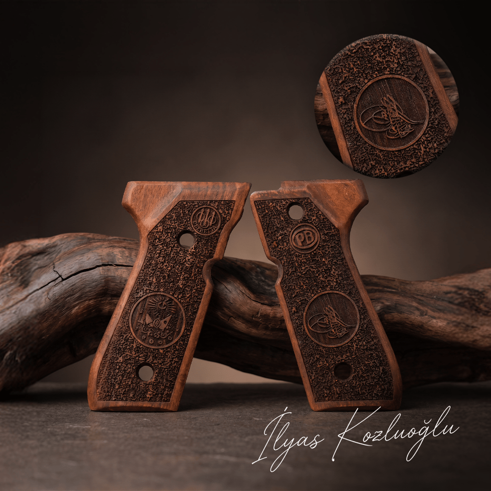 Beretta 92 FS Ceviz Kabza Tam Yüzey Desenli Üzeri Osmanlı Tuğrası ve Marka Logosu İşlemeli