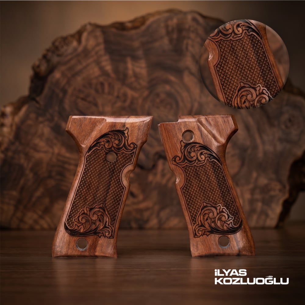 Beretta F92 Ceviz Kabza Tam Yüzey Desen Kaplamalı Özel Tasarım