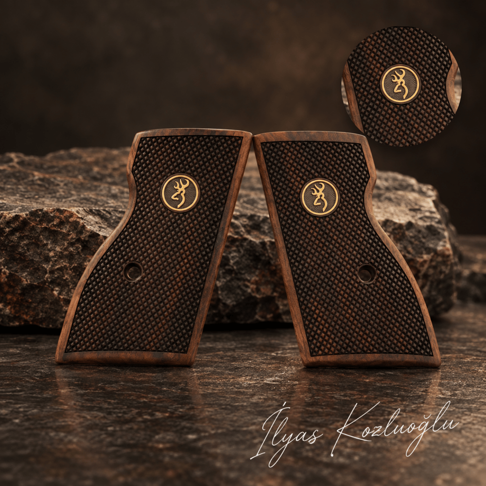 Browning 7.65 - PA FEG 63 Ceviz Kabza Tam Yüzey Desenli Üzerinde Sarı Pirinç Browning Logolu