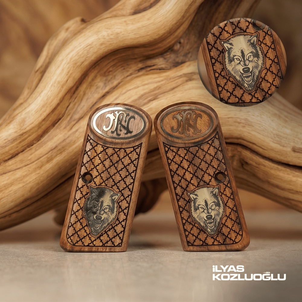 Browning FN 1922 Kısa Belçika Ceviz Kabza Tam Yüzey Desen Üzeri Sarı Pirinç Kurt ve Marka Logolu