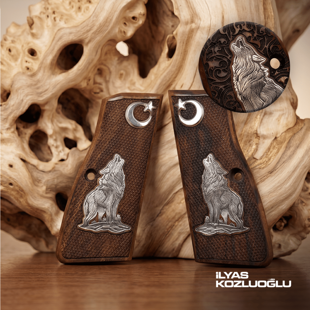 Browning MK3 Ceviz Kabza Kabza Tam Yüzey Baklava Desenli Üzeri Gümüş Renk Kurt ve Ay Yıldız Logolu