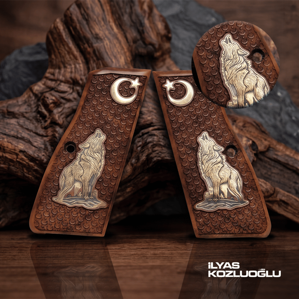 Browning MK3 Ceviz Kabza Tam Yüzey Ay Yıldız Desenli Üzeri Sarı Pirinç Kurt ve Ay Yıldız Logolu