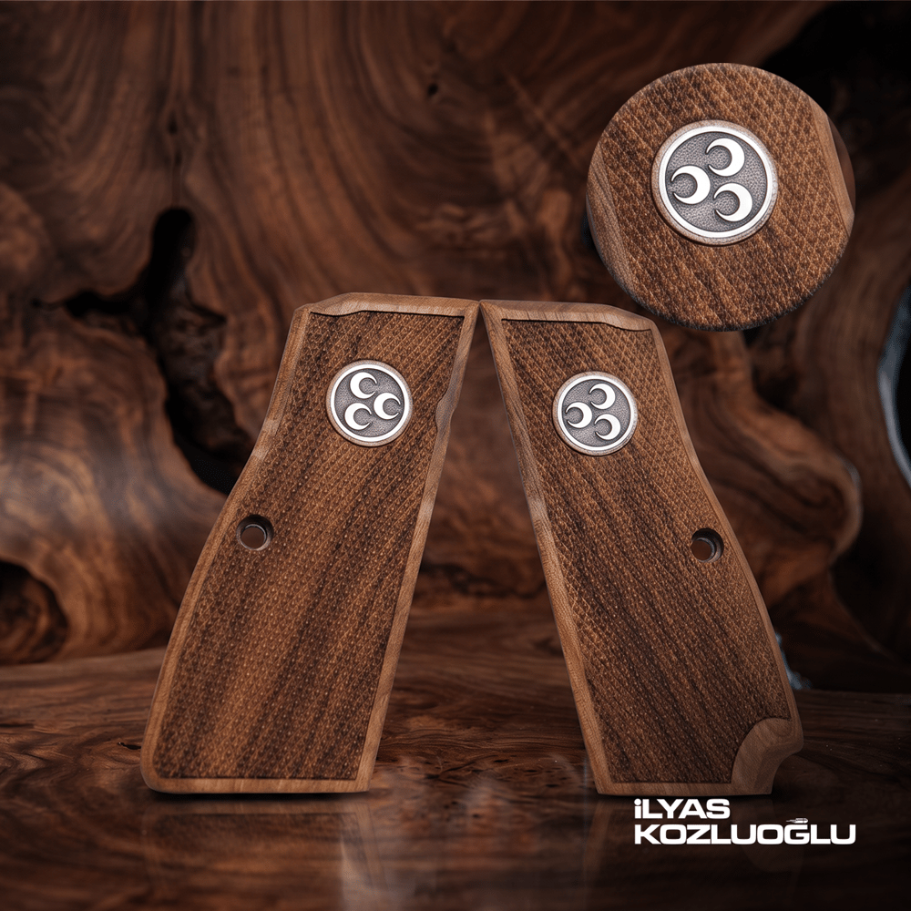 Browning MK3 Ceviz Kabza Tam Yüzey Baklava Desenli Üzeri Gümüş Renk Üç Hilal Logolu