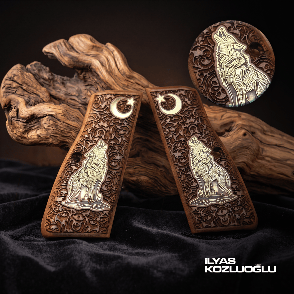 Browning MK3 Ceviz Kabza Tam Yüzey Sarmaşık Desenli Üzeri Sarı Pirinç Kurt ve Ay Yıldız Logolu