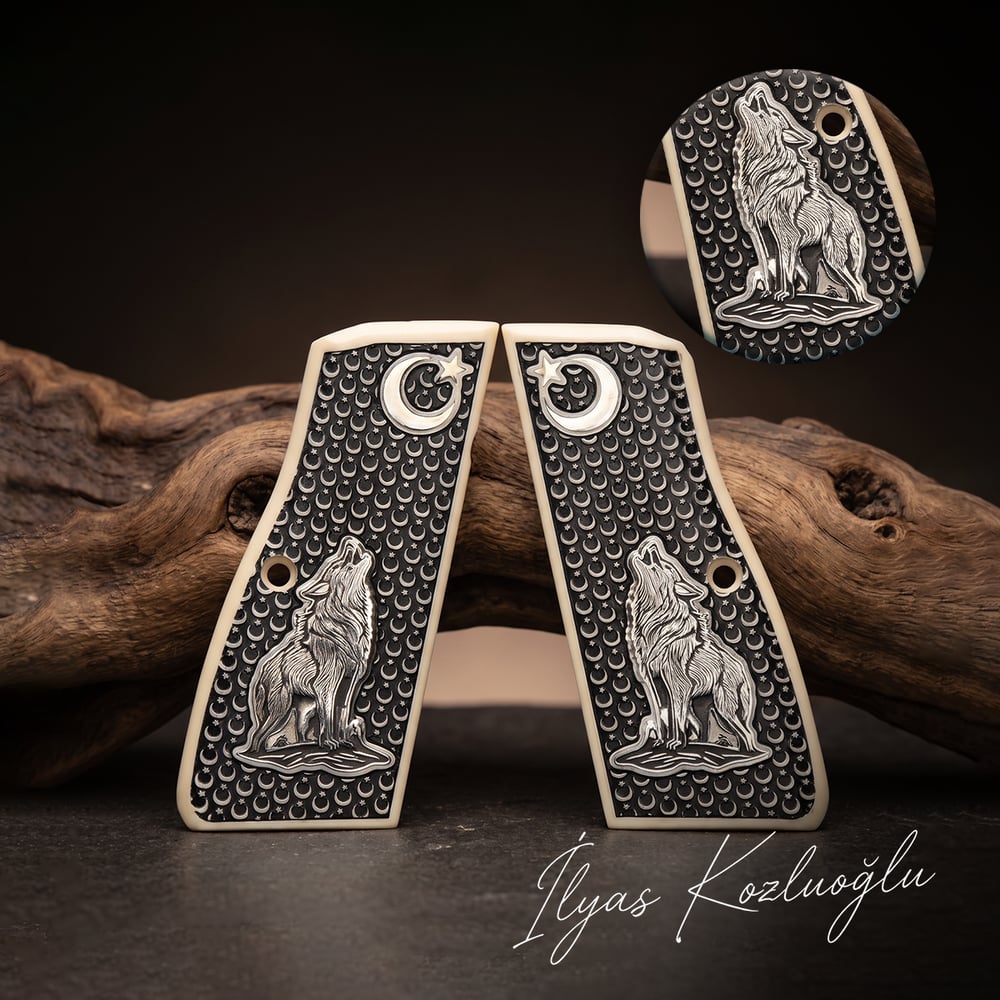 Browning MK3 Fildişi Pleksi Kabza Tam Yüzey Ay Yıldız Desenli Üzeri Gümüş Renk Kurt ve Ay Yıldız Logolu
