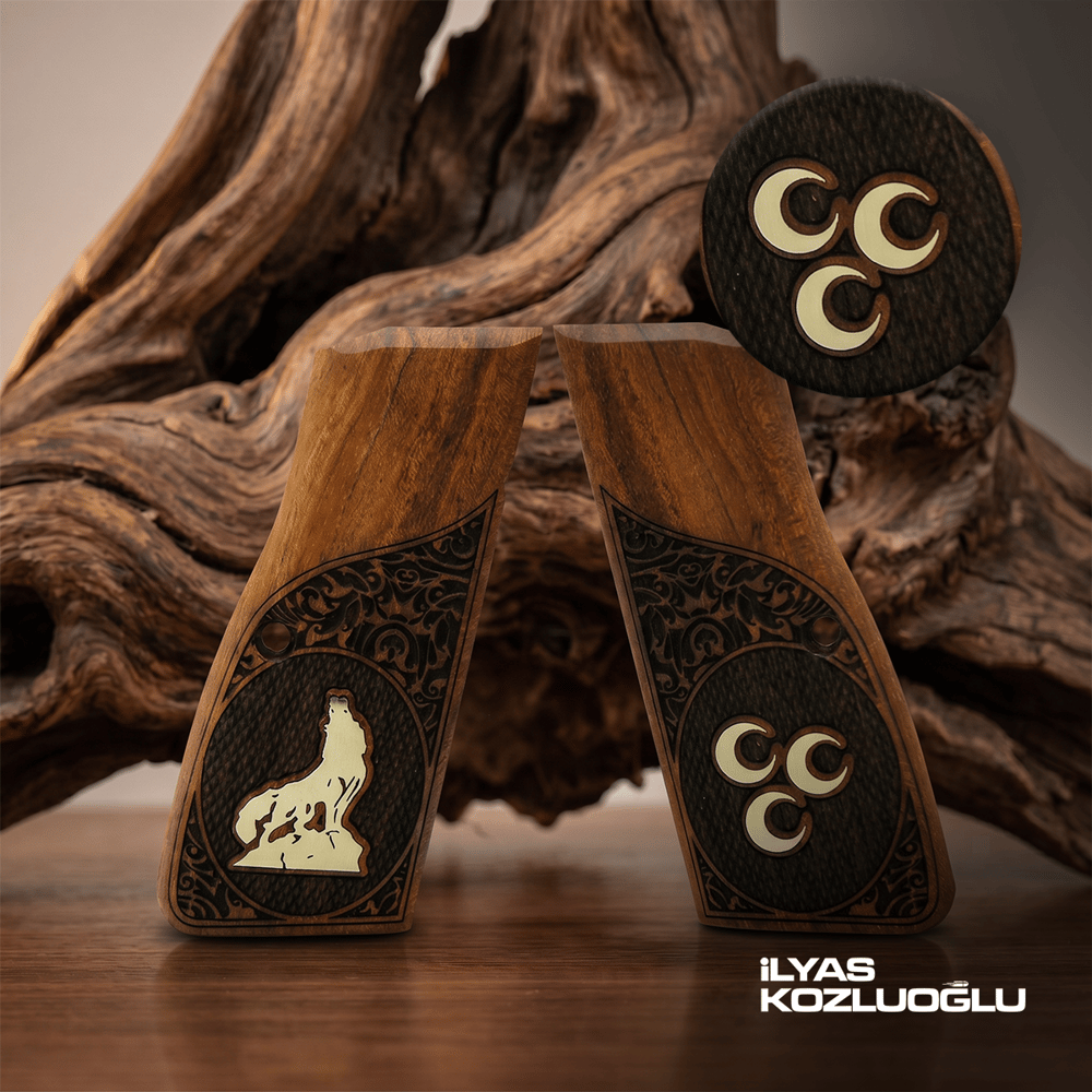 Browning MK3 Gül Ağacı Kabza Yarım Yüzey Desenli Gümüş Renk 3 Hilal ve Bozkurt Logolu