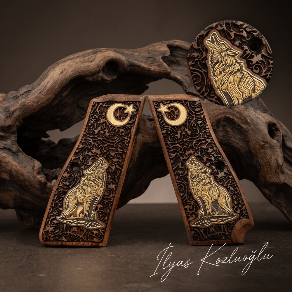 Browning MK3 Halkalı Ceviz Kabza Tam Yüzey Sarmaşık Desenli Üzeri Gümüş Renk Kurt ve Ay Yıldız Logolu