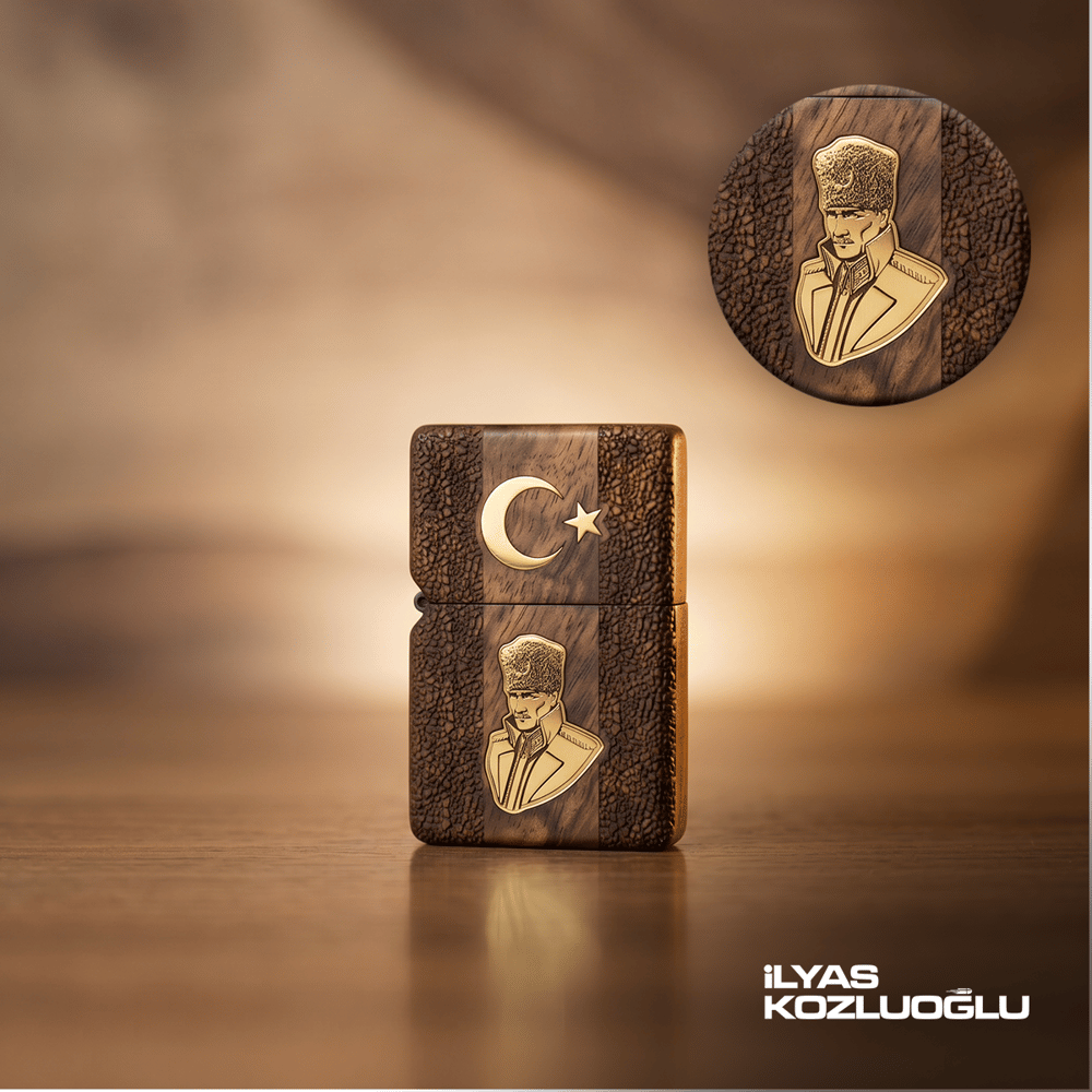 El Yapımı Kakma Çakmak Pirinç Atatürk Portreli ve Ay Yıldızlı