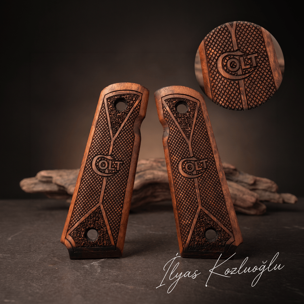 Colt 1911 Ambicut Ceviz Kabza Tam Yüzey Desenli Üzeri Colt Yazılı