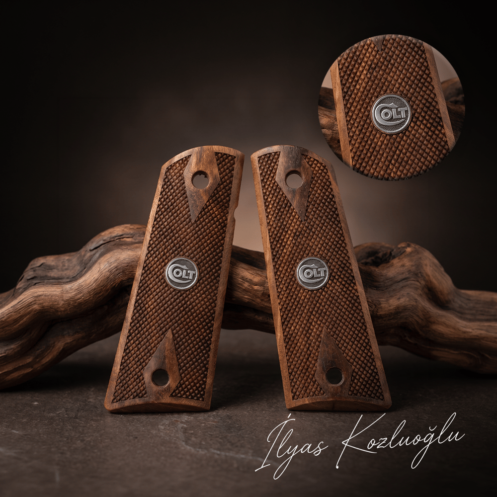 Colt 1911 Ceviz Kabza Tam Yüzey Baklava Desenli Üzeri Gümüş Renk Colt Logolu