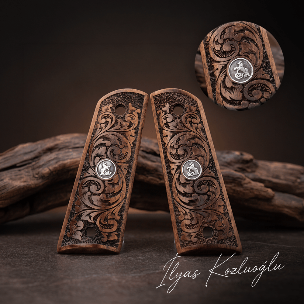 Colt 1911 Ceviz Kabza Tam Yüzey Gravür Desenli Üzeri Gümüş Renk Colt Logolu