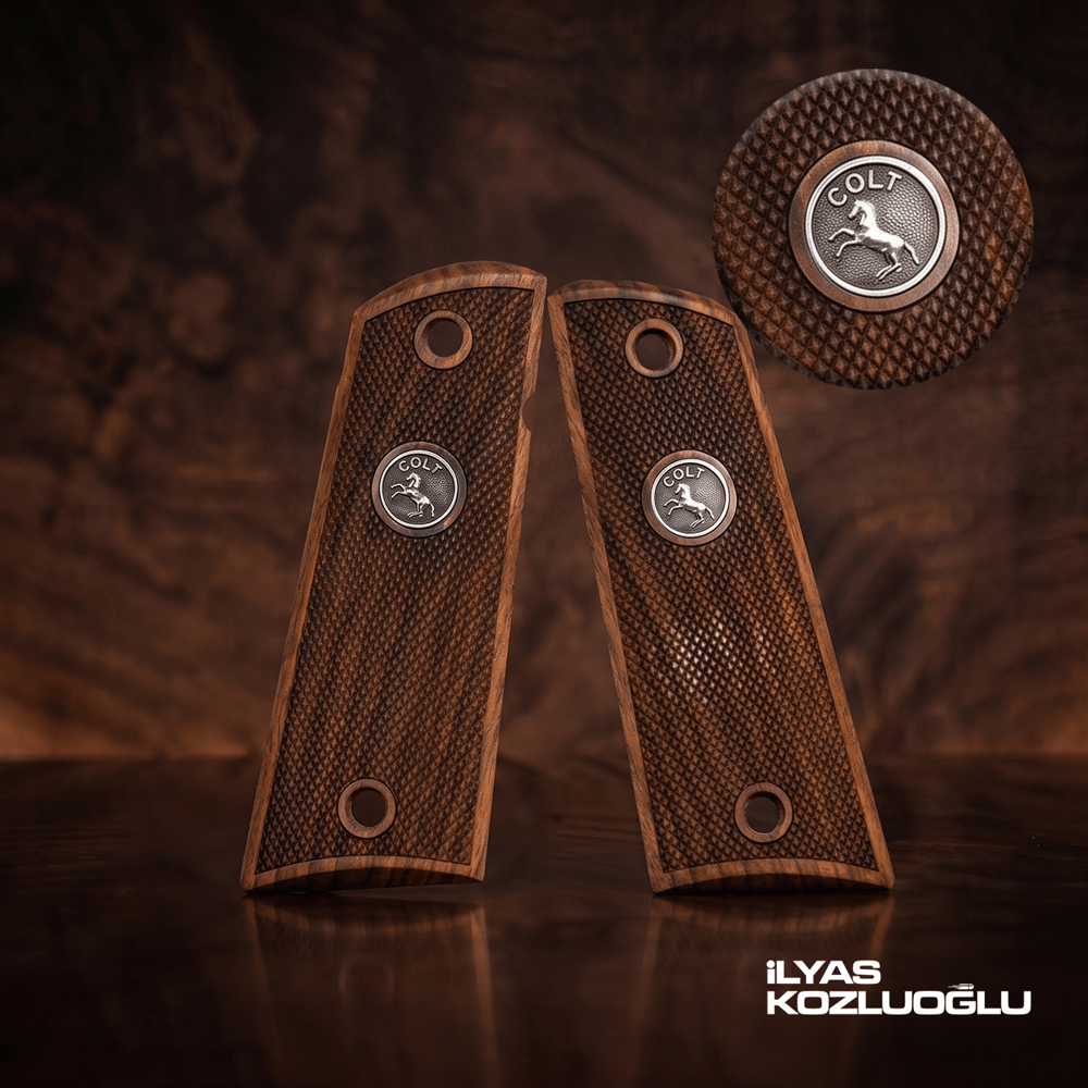 Colt 1911 Koyu Ceviz Kabza Tam Yüzey Baklava Desen Üzeri Gümüş Colt Logolu