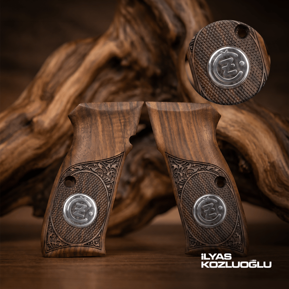 CZ 75 B Koyu Ceviz Kabza Yarım Yüzey Desenli Gümüş Renk CZ Logolu
