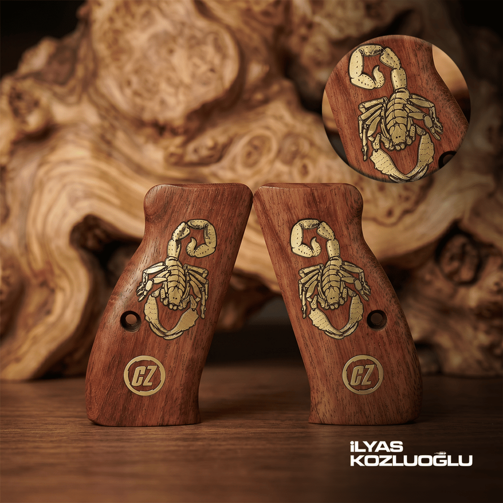 CZ 75 Compact Gül Ağacı Kabza Özel Tasarım Sarı Pirinç Akrep ve CZ Logolu