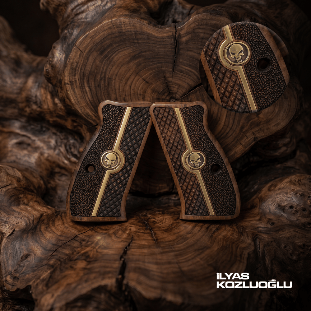 CZ 75 Compact Koyu Ceviz Kabza Tam Yüzey Baklava ve Pütür Desenli Sarı Pirinç Kuru Kafa Logolu