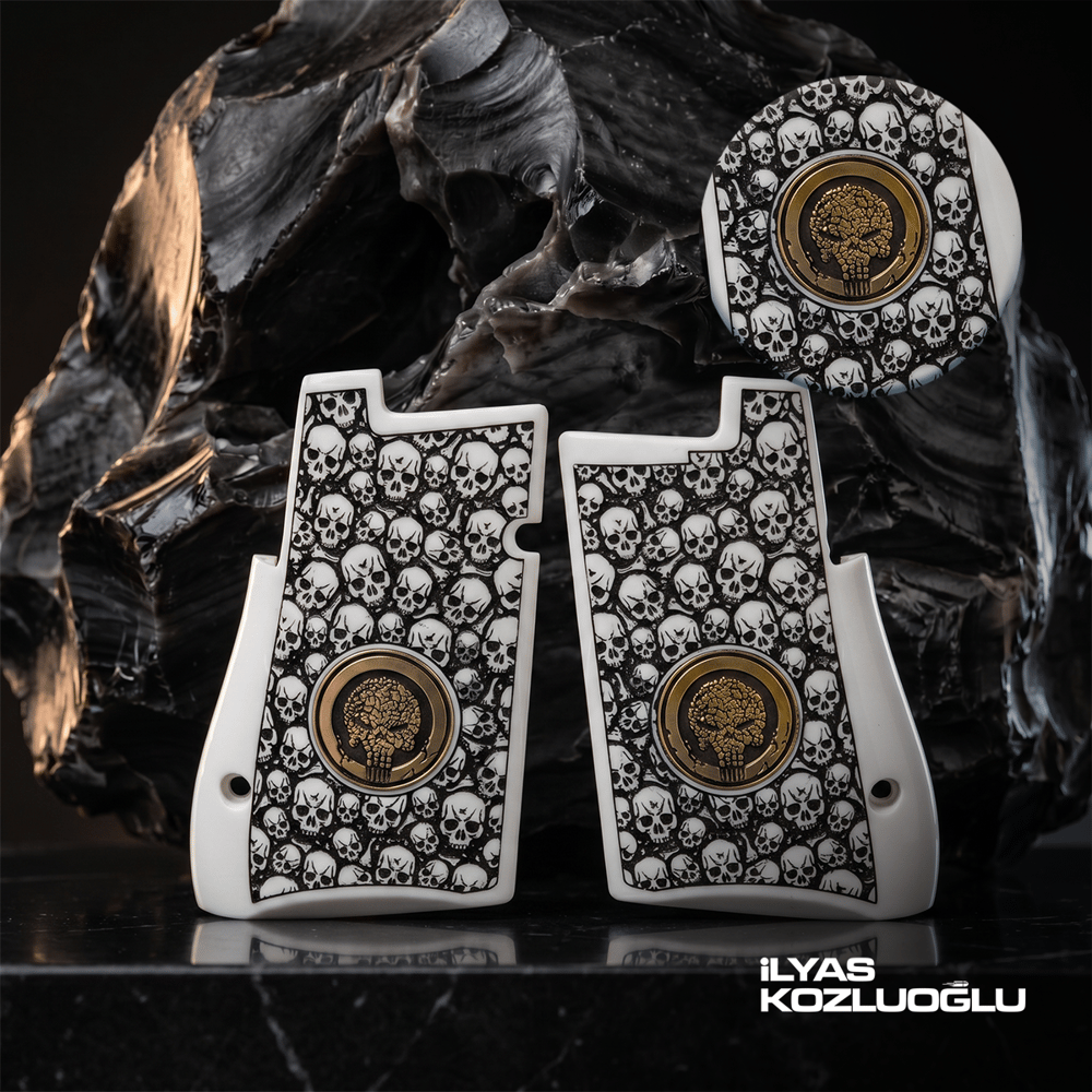 Desert Eagle .357 / .44 / .50 Cal Tam Yüzey Kuru Kafa Desen Üzeri Sarı Pirinç Punisher Logo