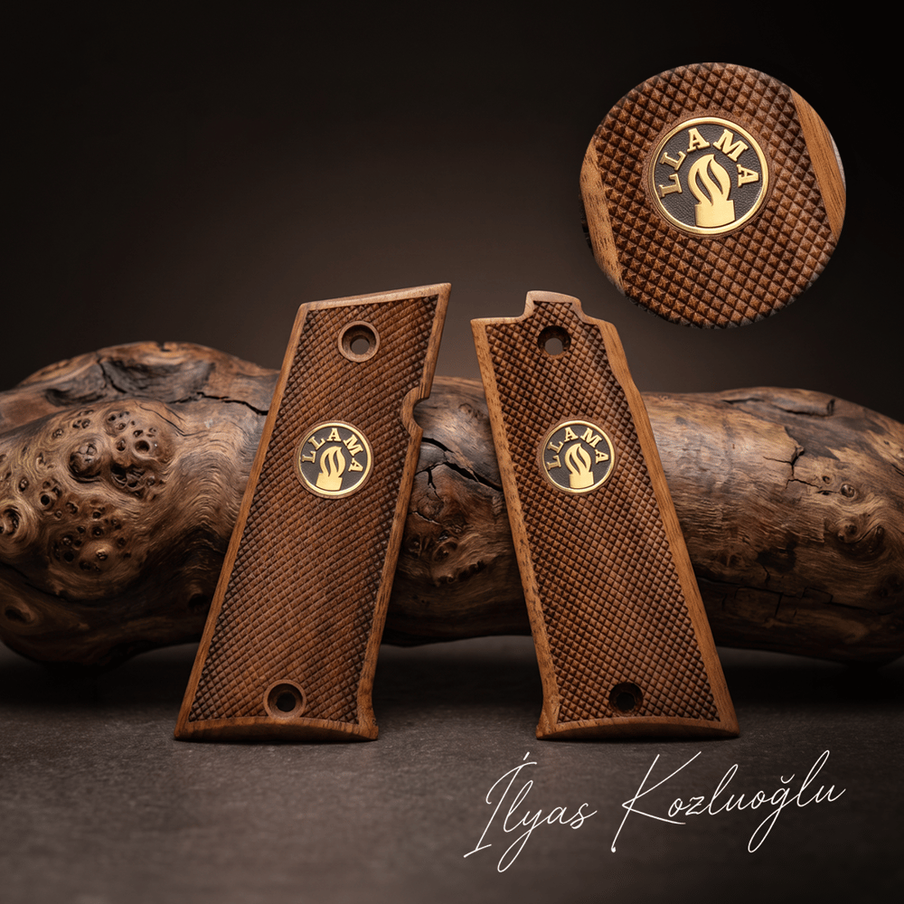 Llama 1911 .45 ACP Ceviz Kabza Tam Yüzey Baklava Desenli Üzeri Sarı Pirinç Llama Logolu