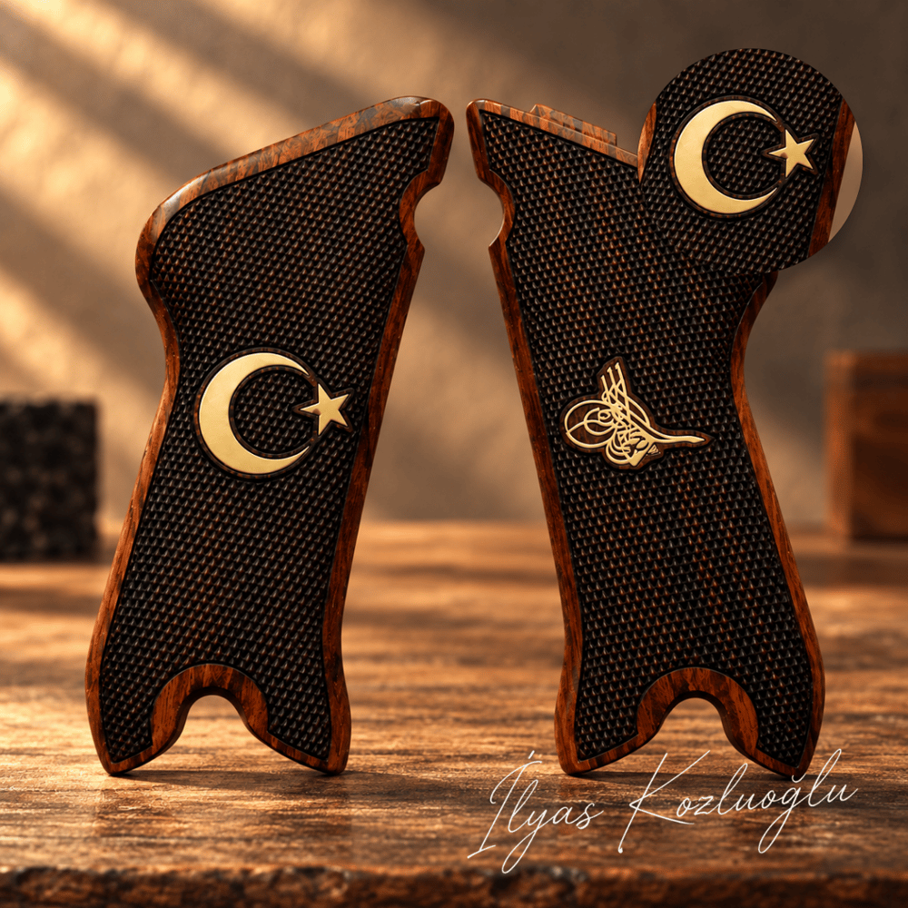 Luger P08 Ceviz Kabza Tam Yüzey Baklava Desenli Sarı Pirinç Ay Yıldız ve Osmanlı Tuğrası Logolu