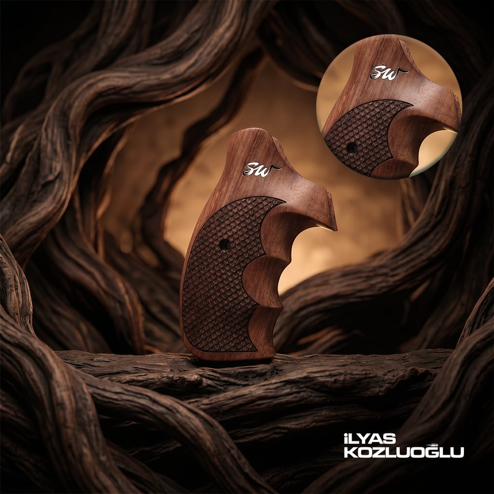 Smith & Wesson K/L/X Frame Round Butt Gül Ağacı Kabza Yarım Yüzey Balık Pulu Desenli Gümüş Renk S&W Logolu