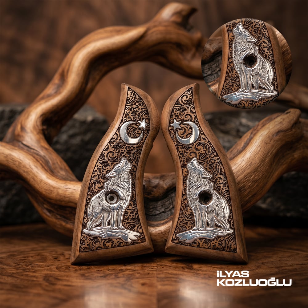 Smith & Wesson N Frame Square Butt Ceviz Kabza Tam Yüzey İşleme Üzeri Gümüş Kurt ve Türk Bayrağı Logolu