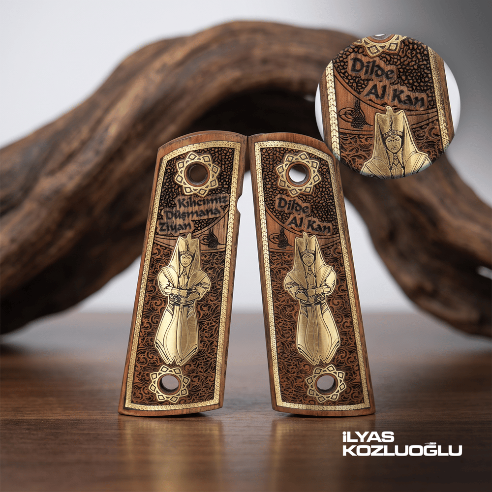 Tisaş Zig M 1911 Ceviz Kabza Tam Yüzey Desen Üzeri Sarı Pirinç Yeniçeri Figürlü