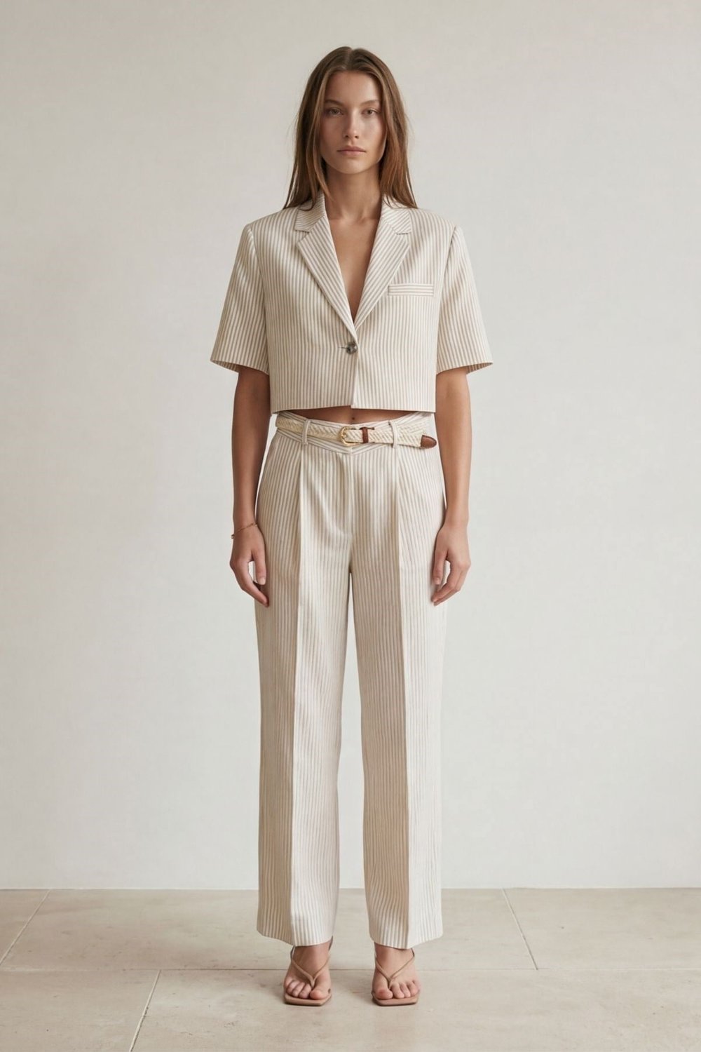  Vatkalı Crop Blazer Ceket Natur - Kahve Çizgili