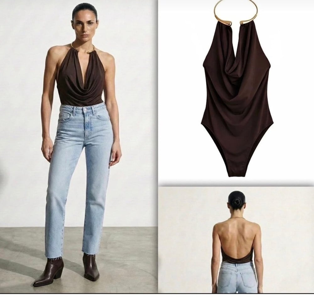 Kadın Halter Yaka Gold Aksesuarlı Degaje Yaka Bluz- Kahverengi