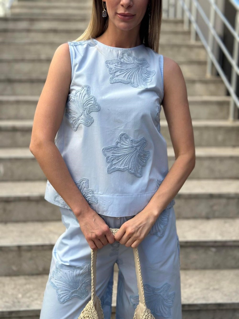 Nakış Detaylı Keten Takım Mavi