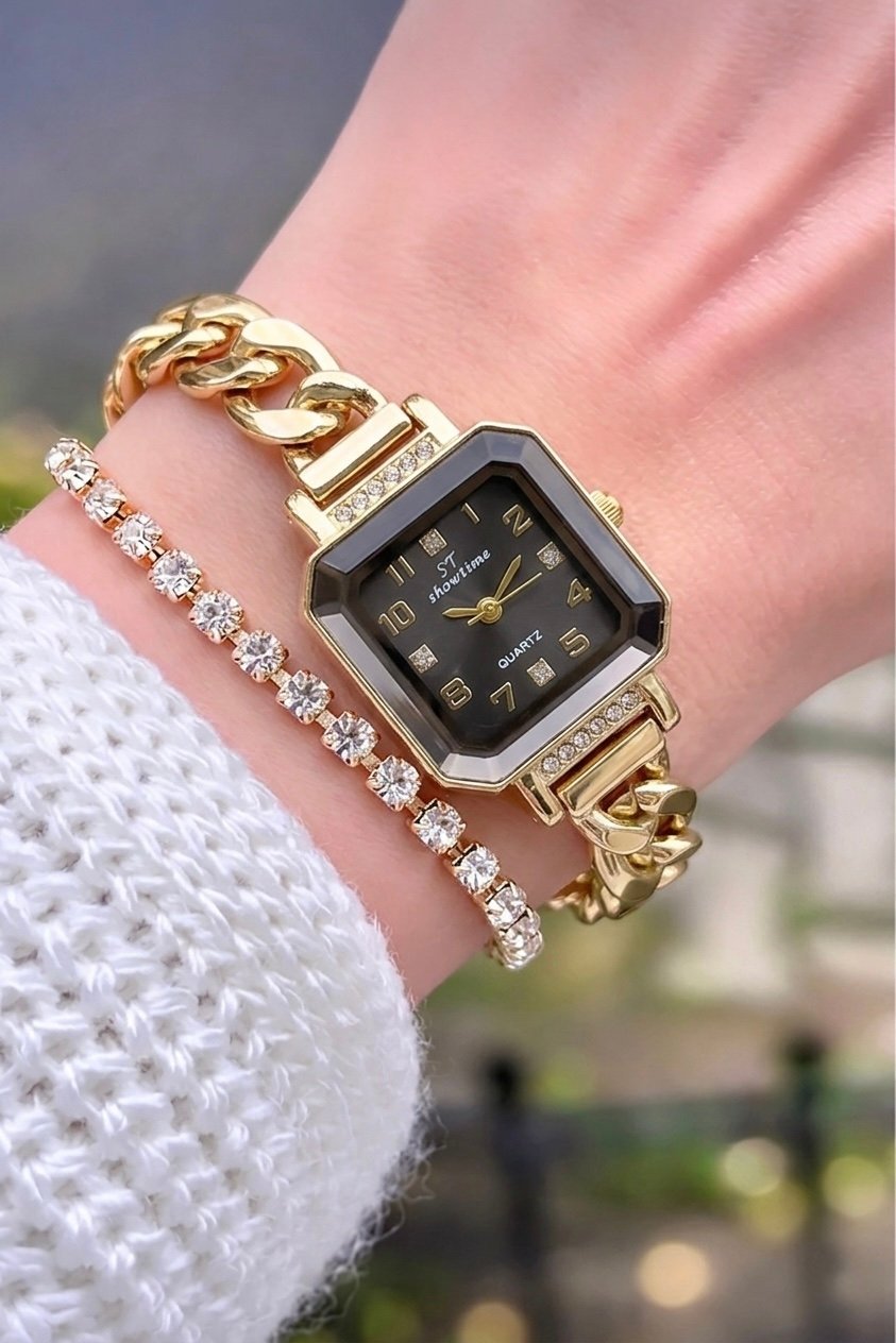 LÜX ZİNCİRLİ KARE MODEL | GOLD-SİYAH ST315