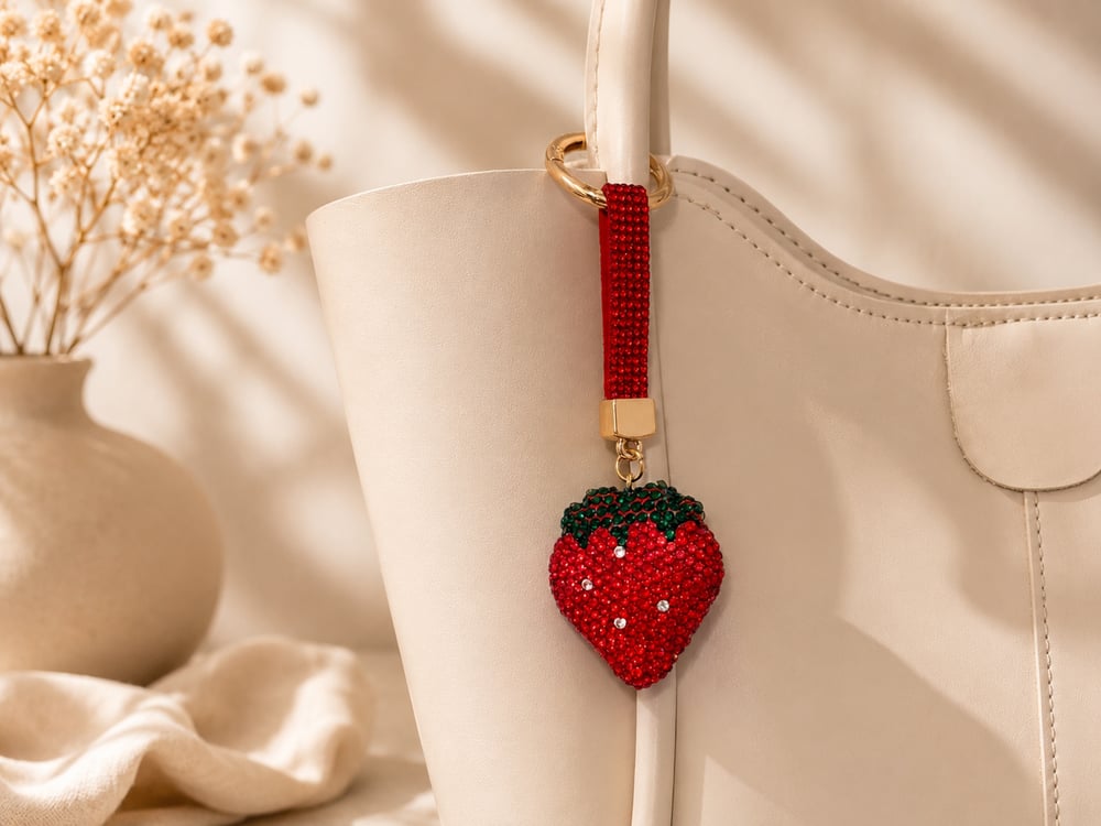 Çilek Taşlı Luxury Çanta Charmı – Kırmızı Kristal Anahtarlık Aksesuar